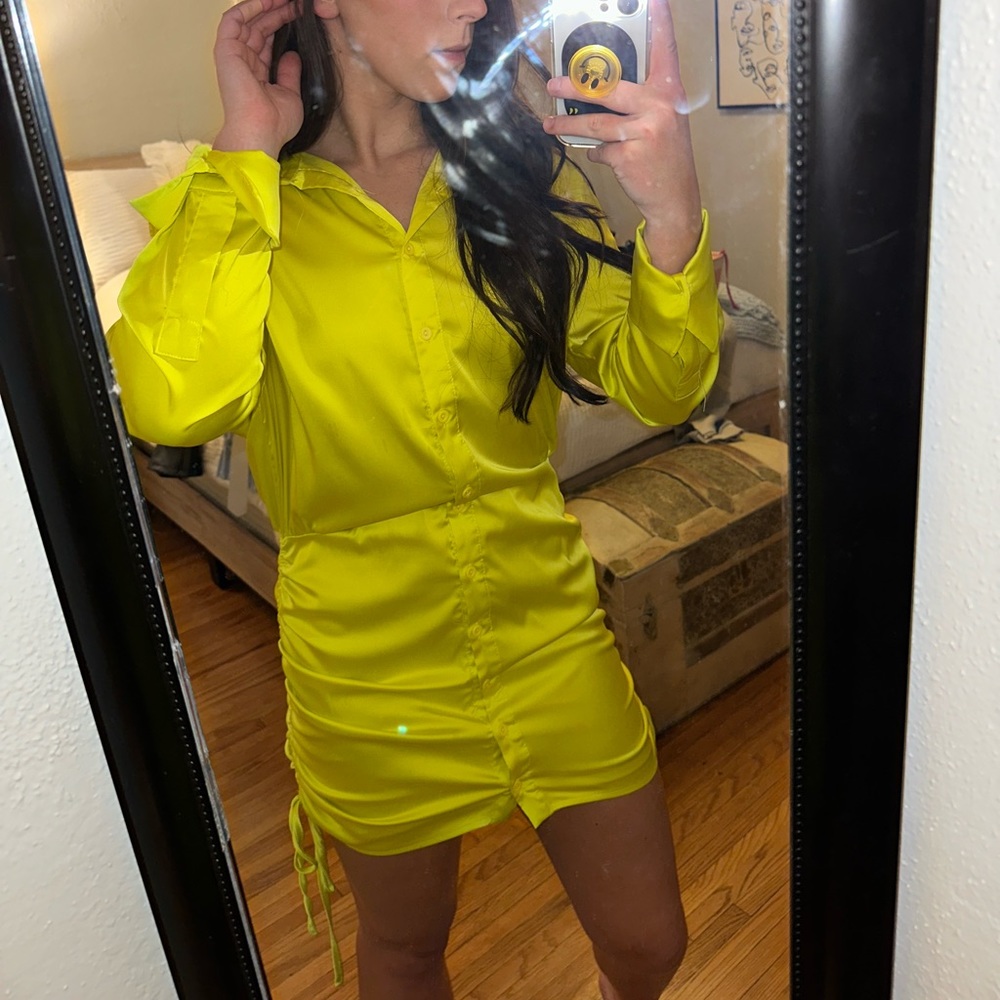 small neon yellow satin button down dress